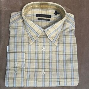 New Henry Jacobson, size Large, 100% cotton tan plaid woven sport shirt